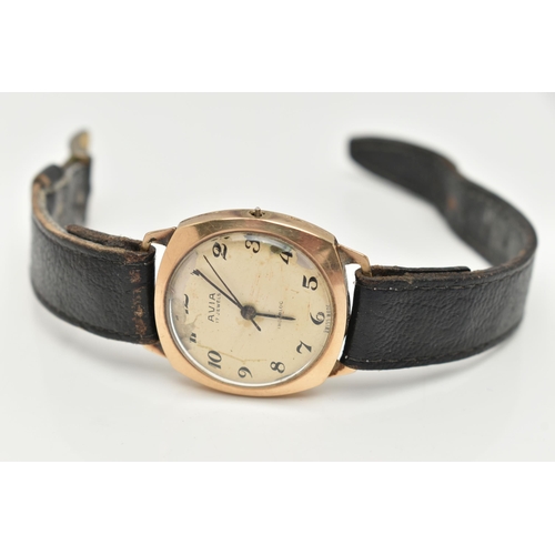 84 - A GENTS 9CT GOLD 'AVIA' WRISTWATCH, manual wind (missing crown), round cream dial signed 'Avia 17 Je... 