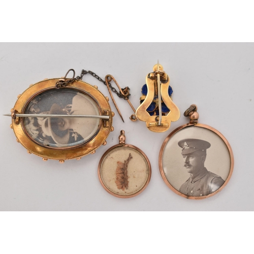 85 - TWO 9CT GOLD DOUBLE PHOTO PENDANTS, AND TWO YELLOW METAL BROOCHES, the first locket of a circular fo... 