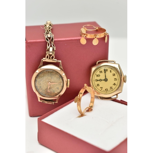 86 - TWO LADIES WATCHES AND A PAIR OF HOOP EARRINGS, to include a ladies manual wind watch, discoloured A... 