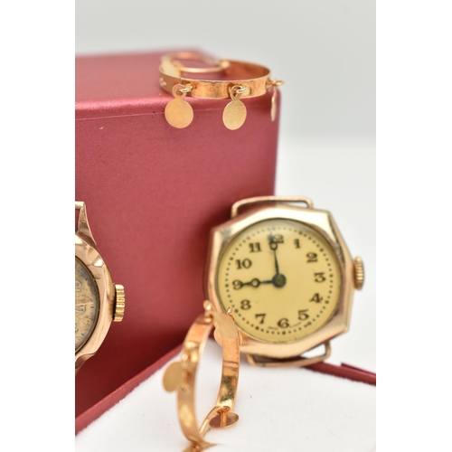 86 - TWO LADIES WATCHES AND A PAIR OF HOOP EARRINGS, to include a ladies manual wind watch, discoloured A... 