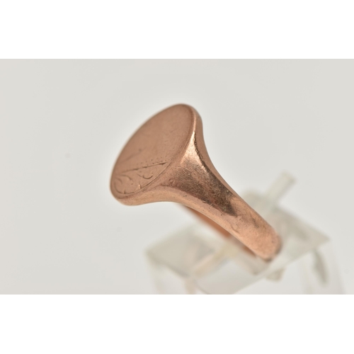 89 - A 9CT ROSE GOLD GENTS SIGNET RING, oval polished form with foliate pattern, leading onto a polished ... 