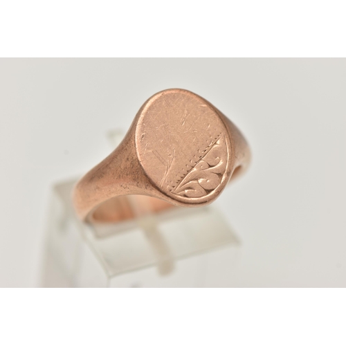 89 - A 9CT ROSE GOLD GENTS SIGNET RING, oval polished form with foliate pattern, leading onto a polished ... 