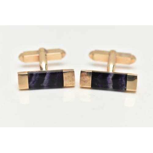 90 - A BOXED PAIR OF 9CT GOLD BLUE JOHN FLUORITE CUFFLINKS, each of a rectangular form, with a polished s... 