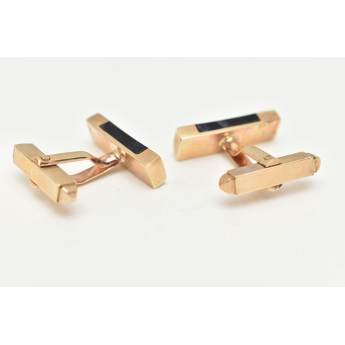 90 - A BOXED PAIR OF 9CT GOLD BLUE JOHN FLUORITE CUFFLINKS, each of a rectangular form, with a polished s... 