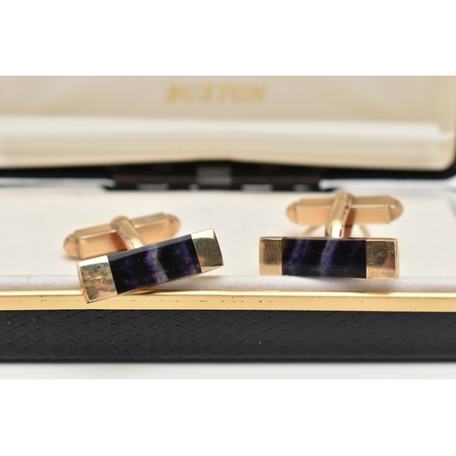 90 - A BOXED PAIR OF 9CT GOLD BLUE JOHN FLUORITE CUFFLINKS, each of a rectangular form, with a polished s... 