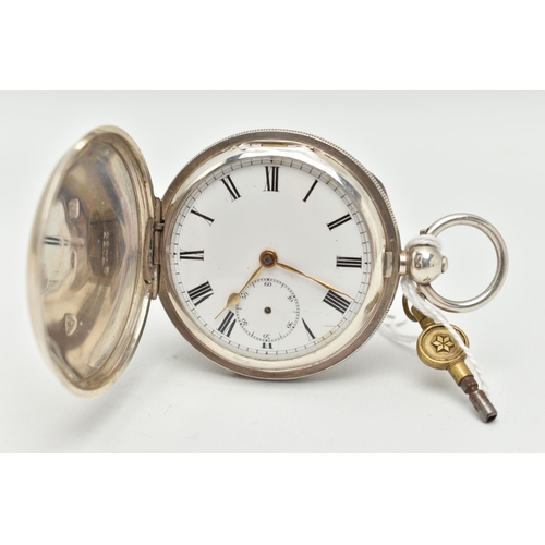 100 - AN EDWARDIAN SILVER FULL HUNTER POCKET WATCH, key wound movement, Roman numerals, second subsidiary ... 