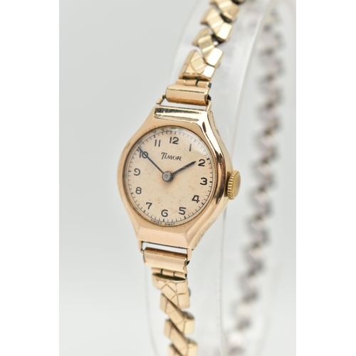 103 - A 9CT GOLD LADIES WRISTWATCH, hand wound movement, round dial signed 'Timor', Arabic numerals, yello... 