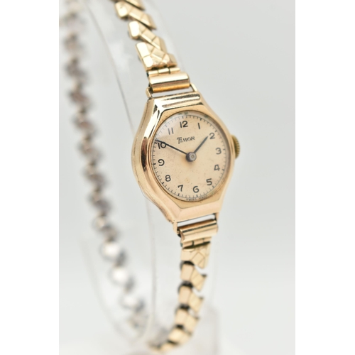 103 - A 9CT GOLD LADIES WRISTWATCH, hand wound movement, round dial signed 'Timor', Arabic numerals, yello... 