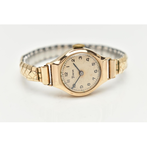 103 - A 9CT GOLD LADIES WRISTWATCH, hand wound movement, round dial signed 'Timor', Arabic numerals, yello... 