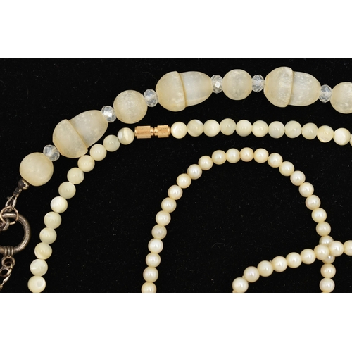 106 - FOUR NECKLACES, the first a Victorian gypsum/selenite carved acorn beaded necklace, restrung with mo... 