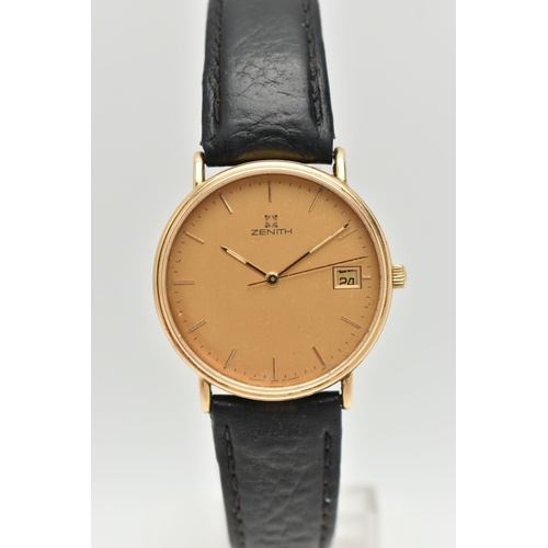 110 - A 9CT GOLD 'ZENITH' WRISTWATCH, quartz movement, round dial signed 'Zenith', baton markers, date win... 