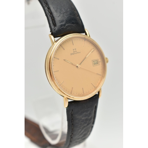 110 - A 9CT GOLD 'ZENITH' WRISTWATCH, quartz movement, round dial signed 'Zenith', baton markers, date win... 