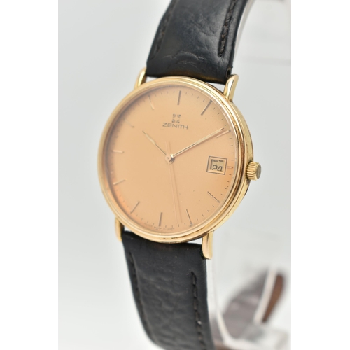 110 - A 9CT GOLD 'ZENITH' WRISTWATCH, quartz movement, round dial signed 'Zenith', baton markers, date win... 