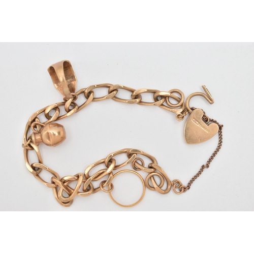 112 - A 9CT GOLD CHARM BRACELET, a curb link bracelet fitted with a heart padlock clasp, hallmarked 9ct Bi... 