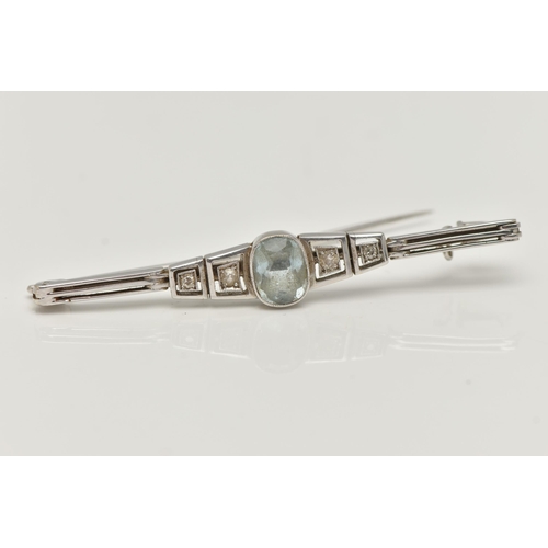 114 - AN ART DECO WHITE METAL AQUAMARINE AND DIAMOND BAR BROOCH, a principally set oval cut aquamarine in ... 