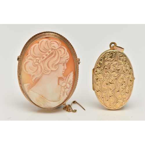 115 - A 9CT GOLD LOCKET AND A SHELL CAMEO BROOCH, a yellow gold oval locket, etched with acanthus scrollin... 