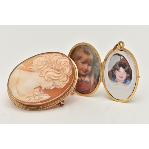 115 - A 9CT GOLD LOCKET AND A SHELL CAMEO BROOCH, a yellow gold oval locket, etched with acanthus scrollin... 