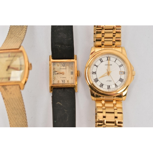 128 - THREE WRISTWATCHES, the first a gents gold plated 'Citizen' WR50, together with two ladies 'Sekonda'... 