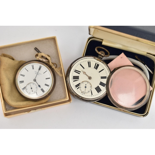 132 - TWO SILVER OPEN FACE POCKET WATCHES, to include a 'J.W.Benson' key wound pocket watch, round white d... 