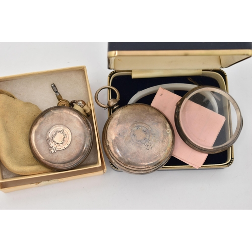 132 - TWO SILVER OPEN FACE POCKET WATCHES, to include a 'J.W.Benson' key wound pocket watch, round white d... 