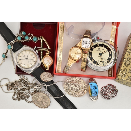 134 - AN ASSORTMENT OF WATCHES AND WHITE METAL JEWELLERY, to include a gents Rotary wristwatch, two ladies... 