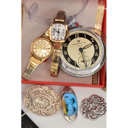 134 - AN ASSORTMENT OF WATCHES AND WHITE METAL JEWELLERY, to include a gents Rotary wristwatch, two ladies... 