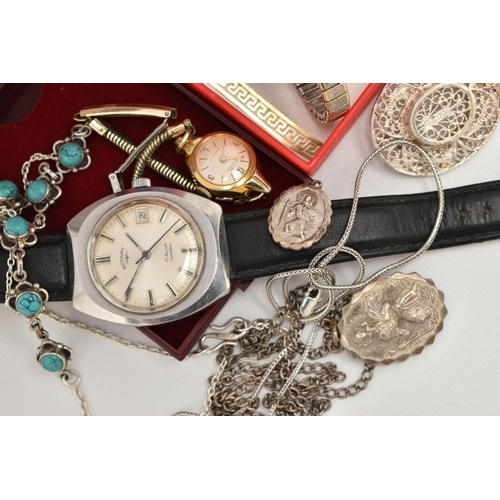 134 - AN ASSORTMENT OF WATCHES AND WHITE METAL JEWELLERY, to include a gents Rotary wristwatch, two ladies... 