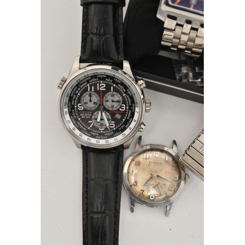 136 - FIVE GENTS WRISTWATCHES, to include a 'Citizen Eco-Drive WR 100, Chronograph, stainless steel watch ... 