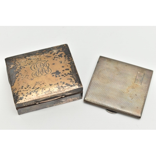 138 - A SILVER CIGARETTE CASE AND BOX, the square form cigarette case with engine turned pattern and engra... 