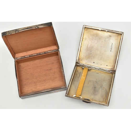 138 - A SILVER CIGARETTE CASE AND BOX, the square form cigarette case with engine turned pattern and engra... 