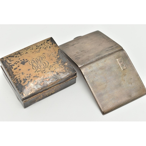 138 - A SILVER CIGARETTE CASE AND BOX, the square form cigarette case with engine turned pattern and engra... 