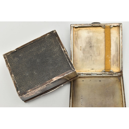 138 - A SILVER CIGARETTE CASE AND BOX, the square form cigarette case with engine turned pattern and engra... 