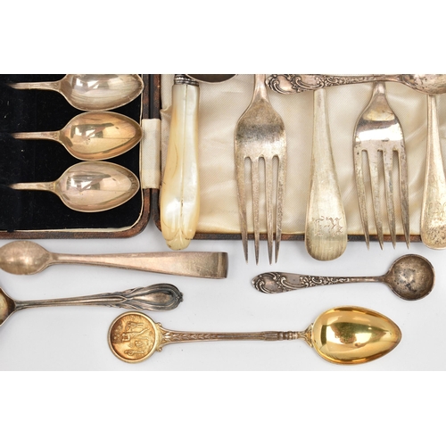 140 - ASSORTED SILVER CUTLERY, to include a cased set of six silver teaspoons, hallmarked 'James Deakin & ... 