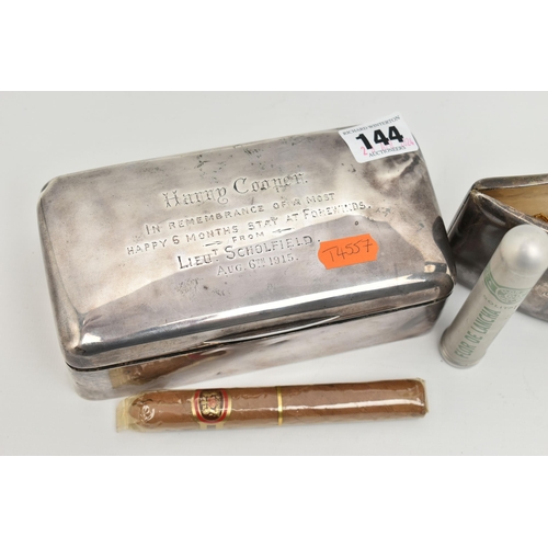 144 - A SILVER TABLE TOP CIGARETTE BOX AND A CIGARETTE CASE, a polished rectangular hinged box, personal i... 