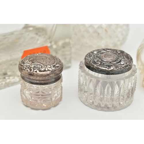 145 - A SMALL ASSORTMENT OF SILVER TOPPED GLASS JARS, to include a silver lidded inkwell, hallmarked 'Will... 