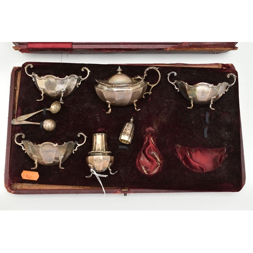 146 - AN INCOMPLETE CASED SILVER CRUET SET, including three salts, hallmarks for Chester and Birmingham, a... 