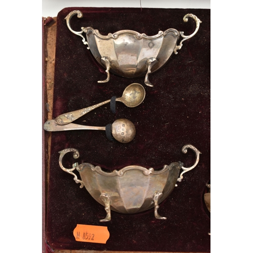 146 - AN INCOMPLETE CASED SILVER CRUET SET, including three salts, hallmarks for Chester and Birmingham, a... 