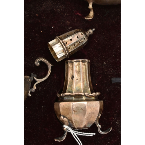 146 - AN INCOMPLETE CASED SILVER CRUET SET, including three salts, hallmarks for Chester and Birmingham, a... 