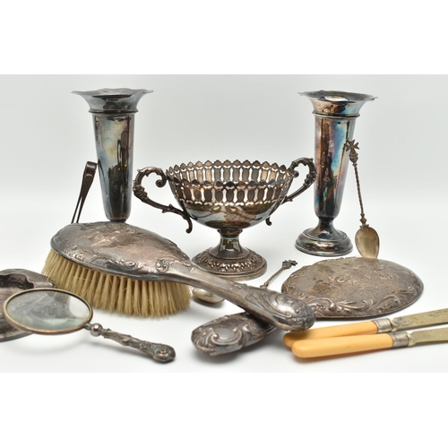 147 - ASSORTED SILVER AND WHITE METAL ITEMS, to include a pair of silver posy vases, with wavy rims and ro... 