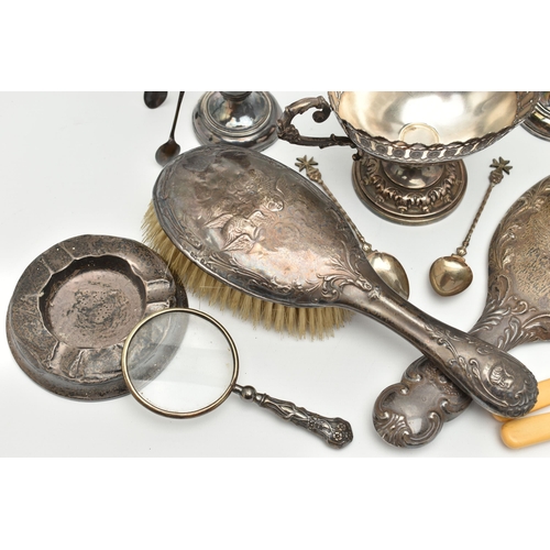 147 - ASSORTED SILVER AND WHITE METAL ITEMS, to include a pair of silver posy vases, with wavy rims and ro... 