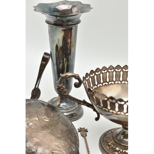 147 - ASSORTED SILVER AND WHITE METAL ITEMS, to include a pair of silver posy vases, with wavy rims and ro... 