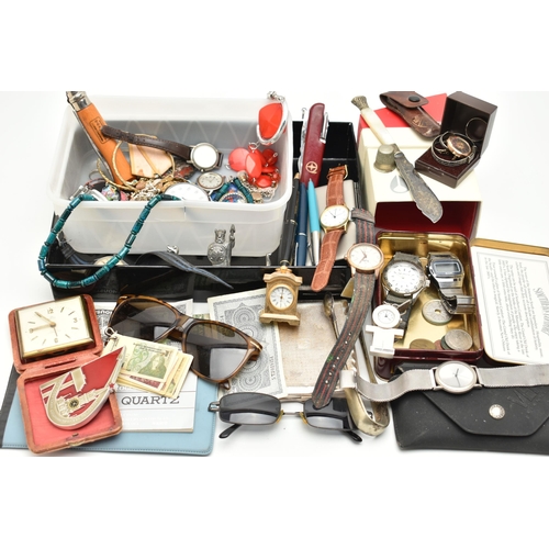 151 - A BOX OF ASSORTED ITEMS, to include an AF yellow metal watch case, three white metal rings and a whi... 