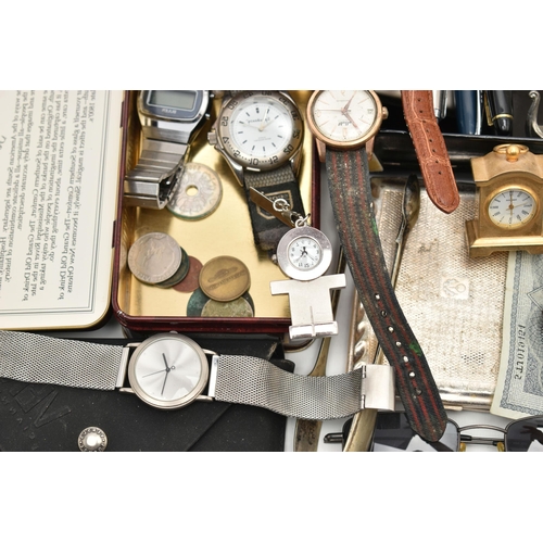 151 - A BOX OF ASSORTED ITEMS, to include an AF yellow metal watch case, three white metal rings and a whi... 