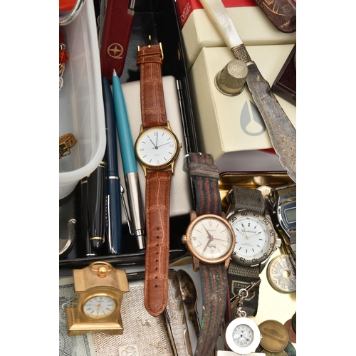 151 - A BOX OF ASSORTED ITEMS, to include an AF yellow metal watch case, three white metal rings and a whi... 