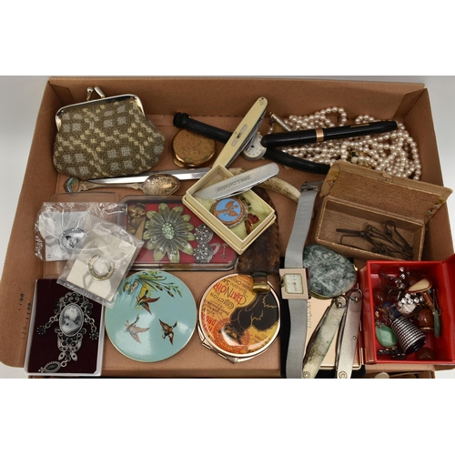 152 - A BOX OF ASSORTED ITEMS, to include a Conway Stewart fountain pen fitted with a 14ct nib, a Sheaffer... 