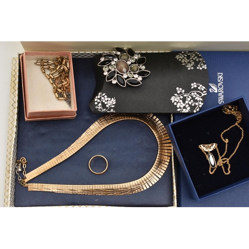 155 - A BOX OF ASSORTED COSTUME JEWELLERY, to include a 'Swarovski' butterfly necklace, together with sign... 