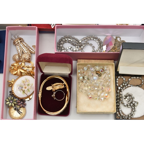 155 - A BOX OF ASSORTED COSTUME JEWELLERY, to include a 'Swarovski' butterfly necklace, together with sign... 