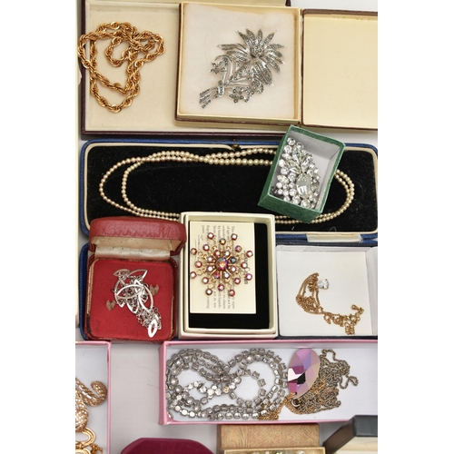 155 - A BOX OF ASSORTED COSTUME JEWELLERY, to include a 'Swarovski' butterfly necklace, together with sign... 