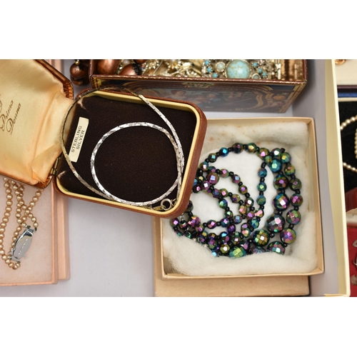 155 - A BOX OF ASSORTED COSTUME JEWELLERY, to include a 'Swarovski' butterfly necklace, together with sign... 