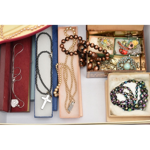 155 - A BOX OF ASSORTED COSTUME JEWELLERY, to include a 'Swarovski' butterfly necklace, together with sign... 